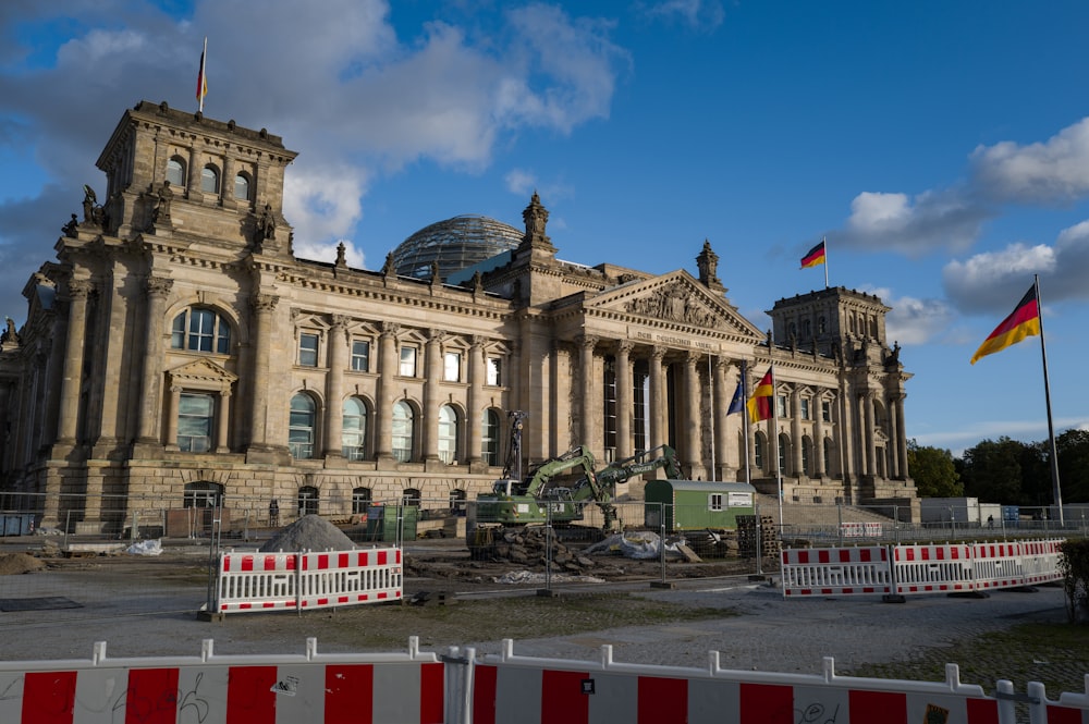 a large building with a flag on top of it