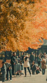 A group of students posing outdoors with autumn leaves around them