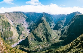 a view of a valley with mountains in the background