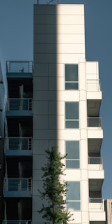 A modern apartment building with a tall, white facade is partially illuminated by sunlight, creating a stark contrast with shadows. The structure features multiple floors with large windows and balconies. A small tree stands in front of the building.