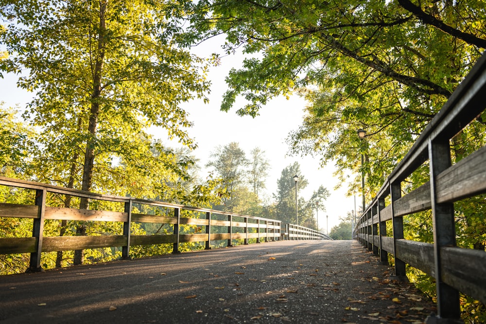 a wooden bench sitting on the side of a road