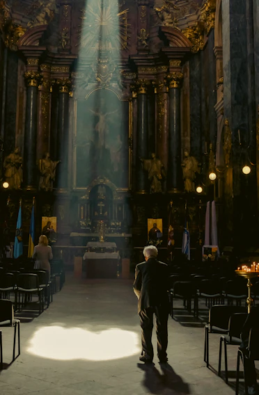 A bright, sunlit morning service with the congregation gathered in prayer at the Daist Church of Jesus Christ.