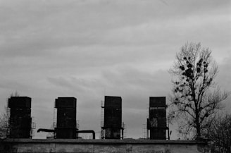 Four large, rectangular industrial chimneys stand on a rooftop. They are tall and old, with metal scaffolding and pipes attached to them. A lone tree with sparse branches and visible nests is situated to the right of the chimneys. The sky is overcast with a blanket of clouds, giving the overall scene a bleak and desolate appearance.