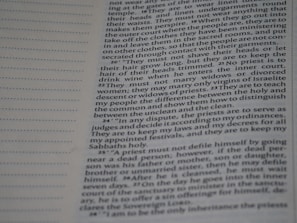 A close-up photograph of a printed page from a book. The text is formatted in a column, with paragraphs detailing religious or historical instructions related to priests. The page includes both printed text and a blank section on the left with a series of dotted lines, possibly for notes or annotations.