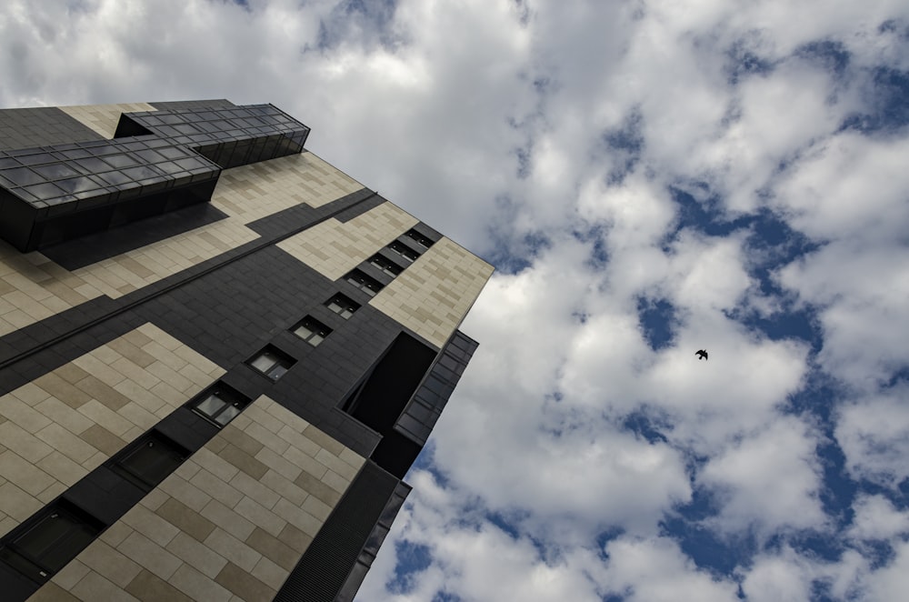 a tall building with a bird flying in the sky