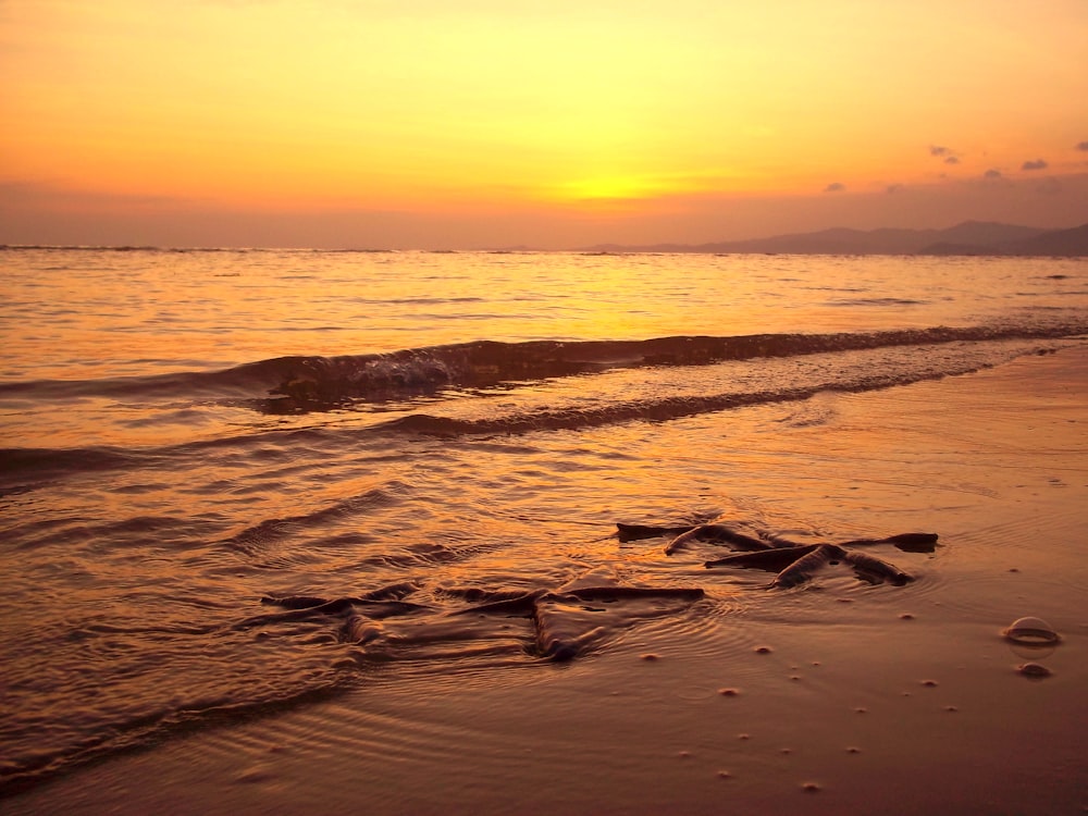 the sun is setting over the water at the beach