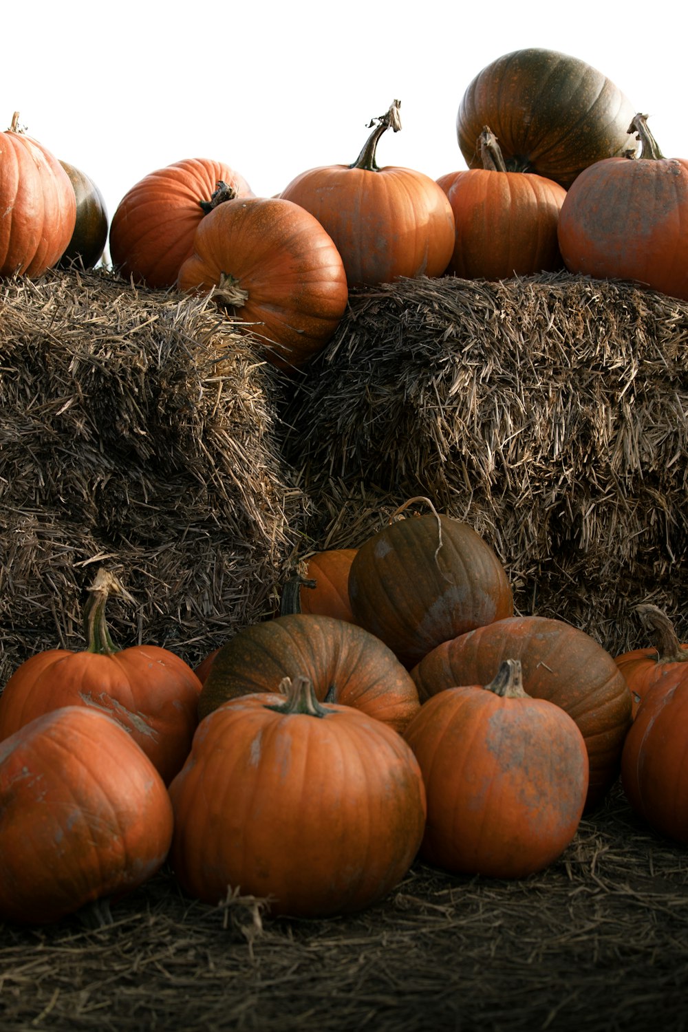 a pile of hay with pumpkins and hay bales