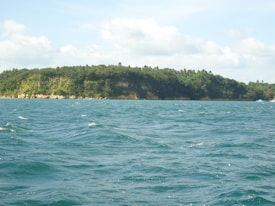 A lush, green forested island is surrounded by vibrant blue waters under a partly cloudy sky. The island's dense tree cover contrasts with the white-tipped waves on the water's surface.
