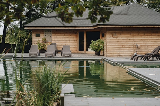 A rustic wooden house is situated beside a natural swimming pool. The house is surrounded by lush greenery, and several lounge chairs are arranged on a wooden deck. Potted plants add to the natural ambiance, and the water reflects the house and surrounding trees.