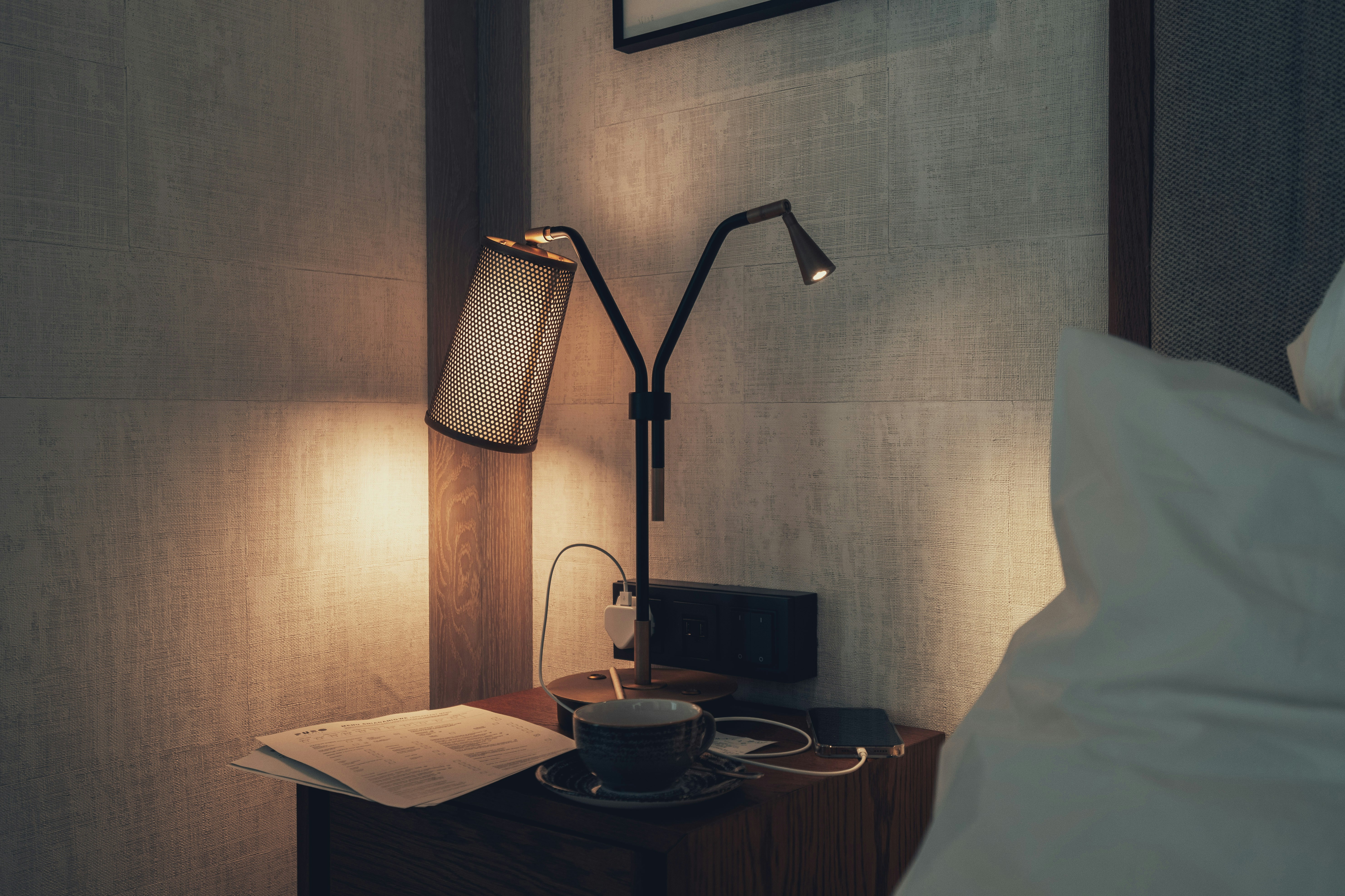 Hotel room with lamp