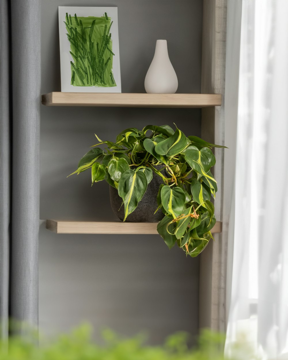 a potted plant sitting on top of a wooden shelf