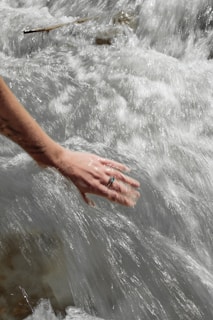 a hand reaching for something in the water