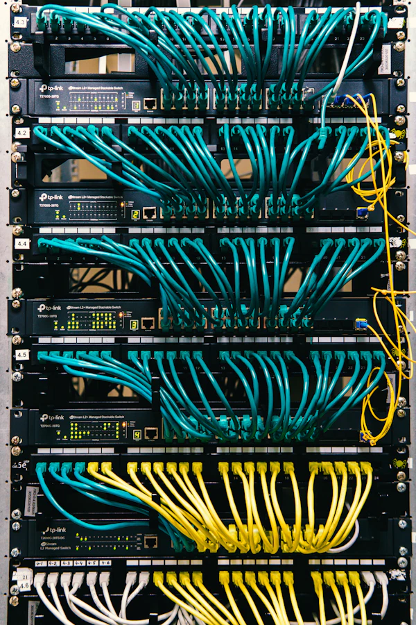 A network rack full of switches, routers, and patch cables being decommissioned