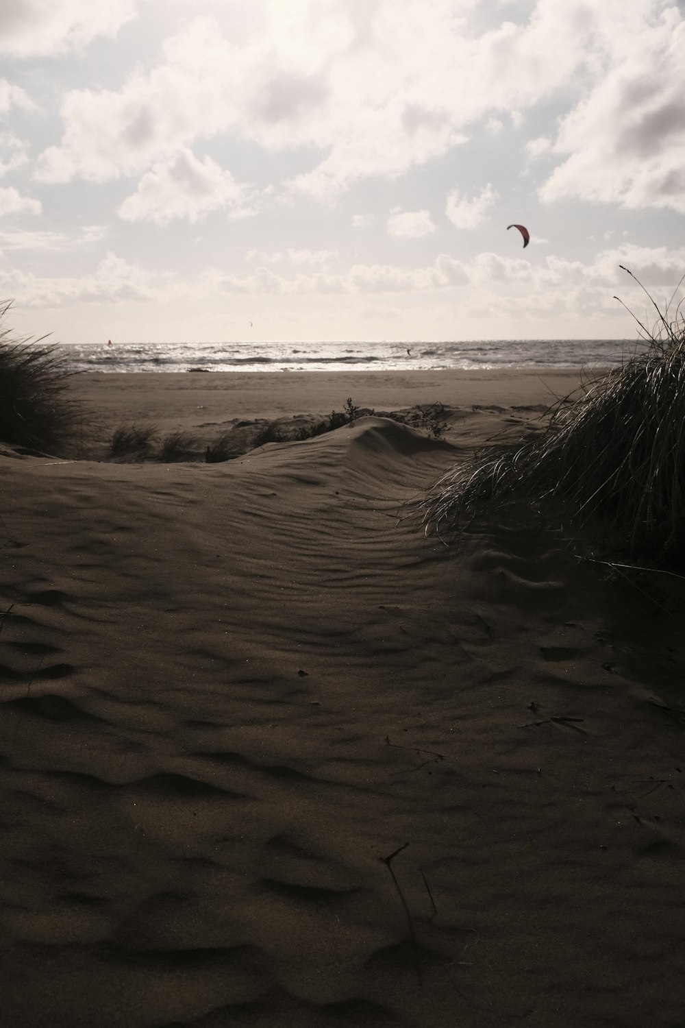 a person flying a kite on top of a sandy beach