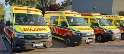 A panoramic view of several custom ambulances lined up, showcasing different styles and finishes.