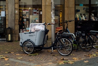 A cargo bike with a large front compartment is parked on a cobblestone street near a storefront with books and other items displayed. There are additional bicycles parked close by, and fallen leaves are scattered on the ground.