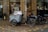 A cargo bike with a large front compartment is parked on a cobblestone street near a storefront with books and other items displayed. There are additional bicycles parked close by, and fallen leaves are scattered on the ground.