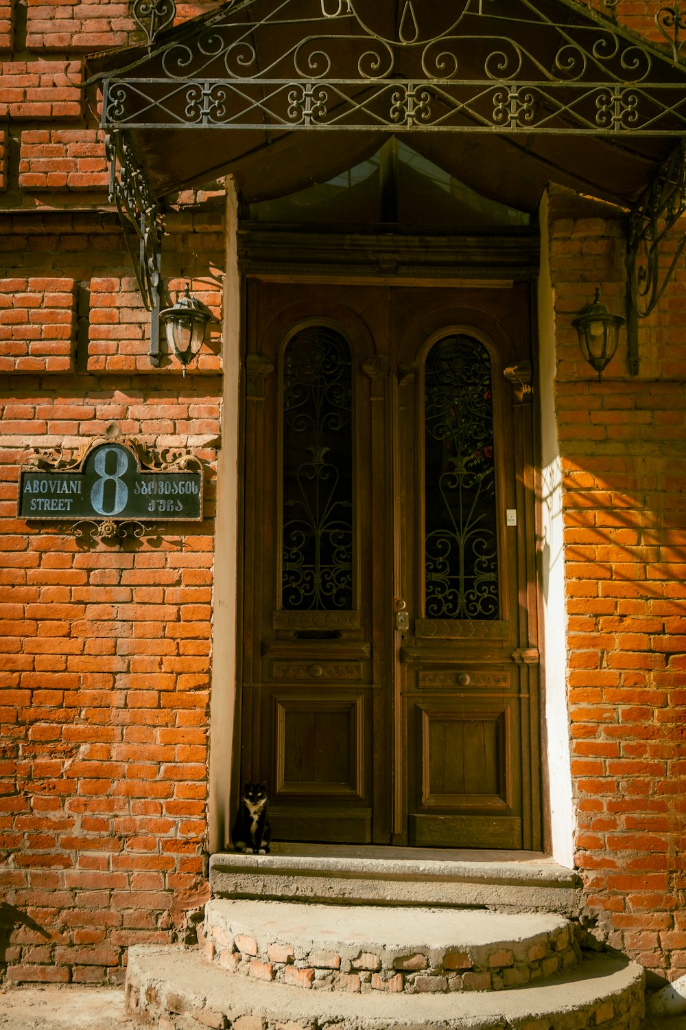 a cat sitting on a step in front of a door