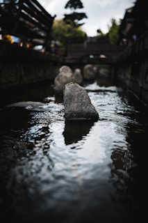 A serene water feature with stone benches and soft lighting creating a peaceful ambiance.