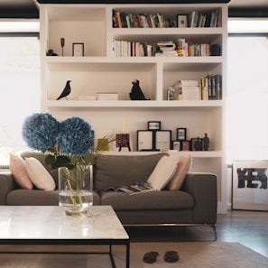 A sparkling clean living room with fresh cushions and tidy shelves.