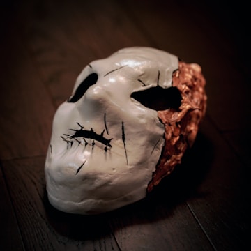 A white mask with black stitched markings and hollow eye sockets lies on a dark wooden surface. The right side of the mask is decaying with a textured, copper-like finish.