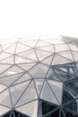 Geodesic glass dome structure with a network of triangular glass panels. The translucent glass reveals an intricate framework inside and faint, blurred elements of foliage and structural elements can be seen through the glass.