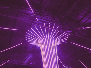 Close-up of a futuristic light installation featuring flowing neon tubes in blues and purples.