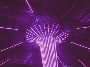 Networked smart lockers glowing with neon purple light trails weaving through a seamless futuristic urban environment.