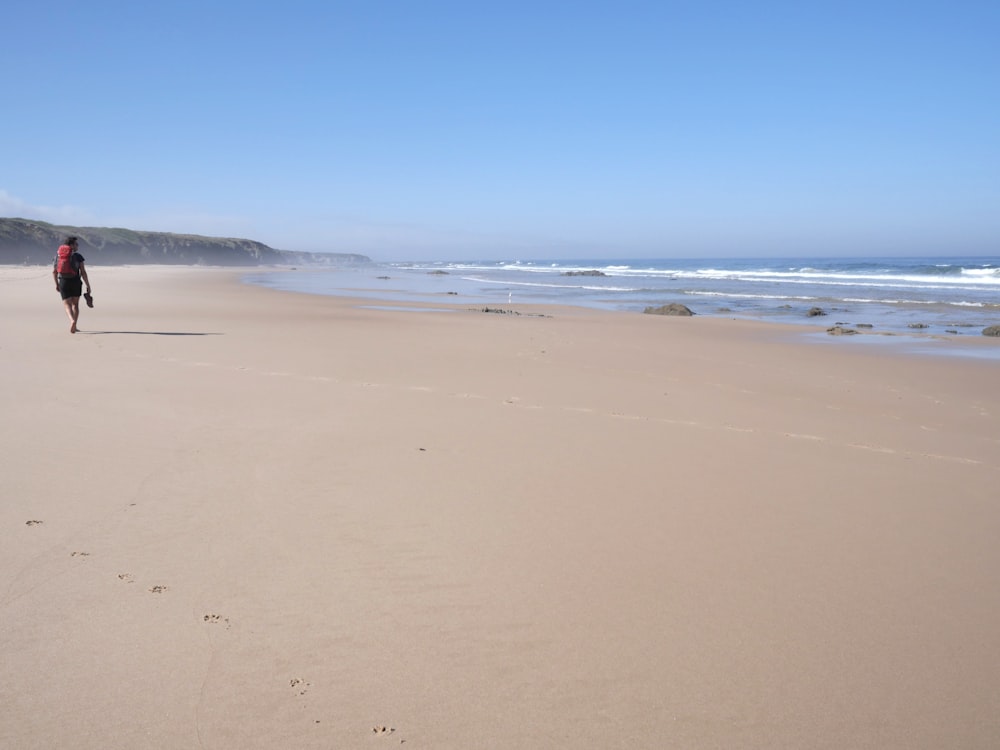 a person walking on a beach near the ocean