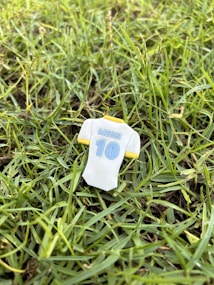 A small, jersey-shaped object with the name 'MESSI' and the number '10' is placed on a lush green grass field. The jersey is primarily white with blue lettering and has yellow accents on the sides.