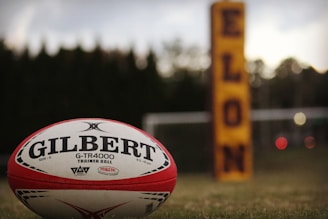 A Gilbert rugby ball is resting on a grassy field, with a blurred goalpost and a tall, vertical, yellow pad marked with the word 'ELON' in the background. The image suggests a sports setting, possibly during dusk or dawn.