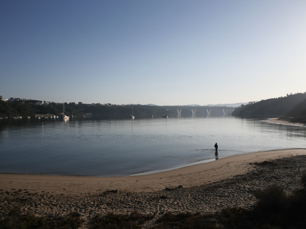 a person standing on a beach next to a body of water