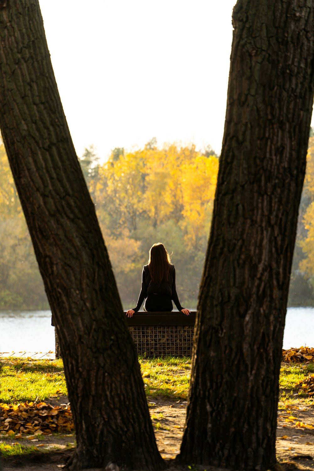 a woman sitting on a bench between two trees