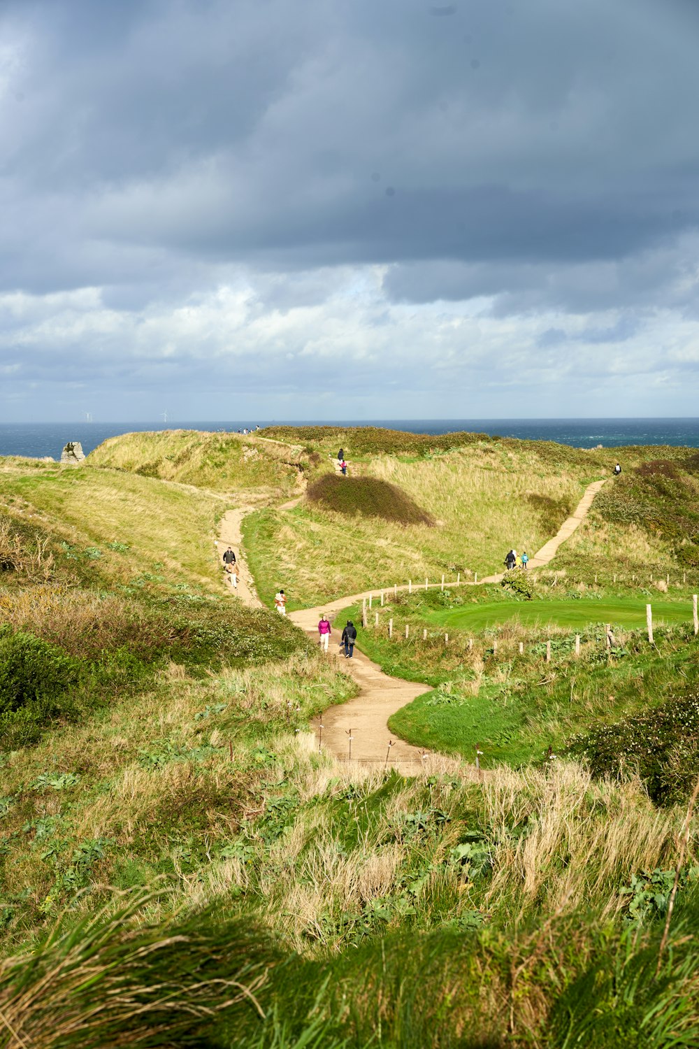 a group of people walking up a hill near the ocean