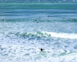 Surfers are scattered throughout a vibrant ocean with varied shades of blue and green. Waves create white foam as they crash towards the shore, while individuals with surfboards wade and position themselves in the water, indicating an active surfing scene.