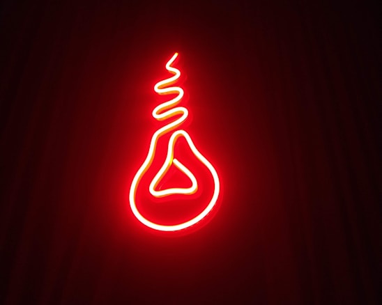 A bright red neon light is shaped in a unique design resembling a bulb with a twisted filament inside. It stands out vividly against a dark background, creating a striking visual effect.