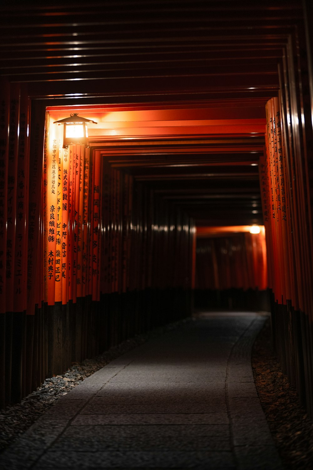 a walkway lined with lots of wooden poles