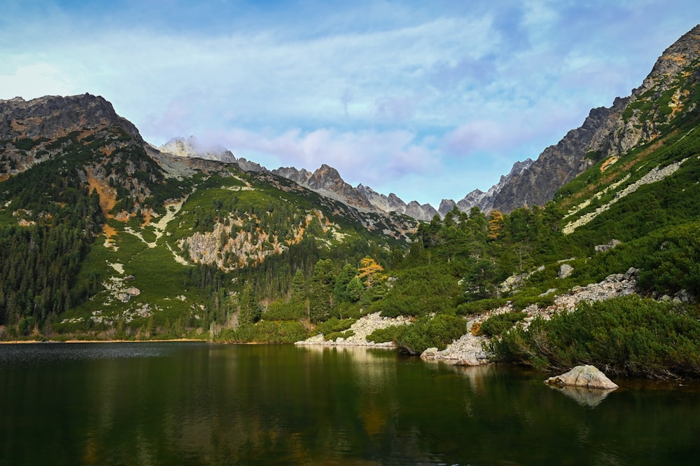 a body of water surrounded by mountains and trees