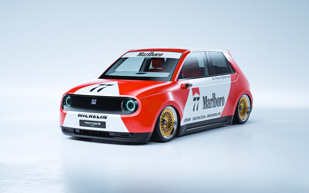 a small red and white car on a white background