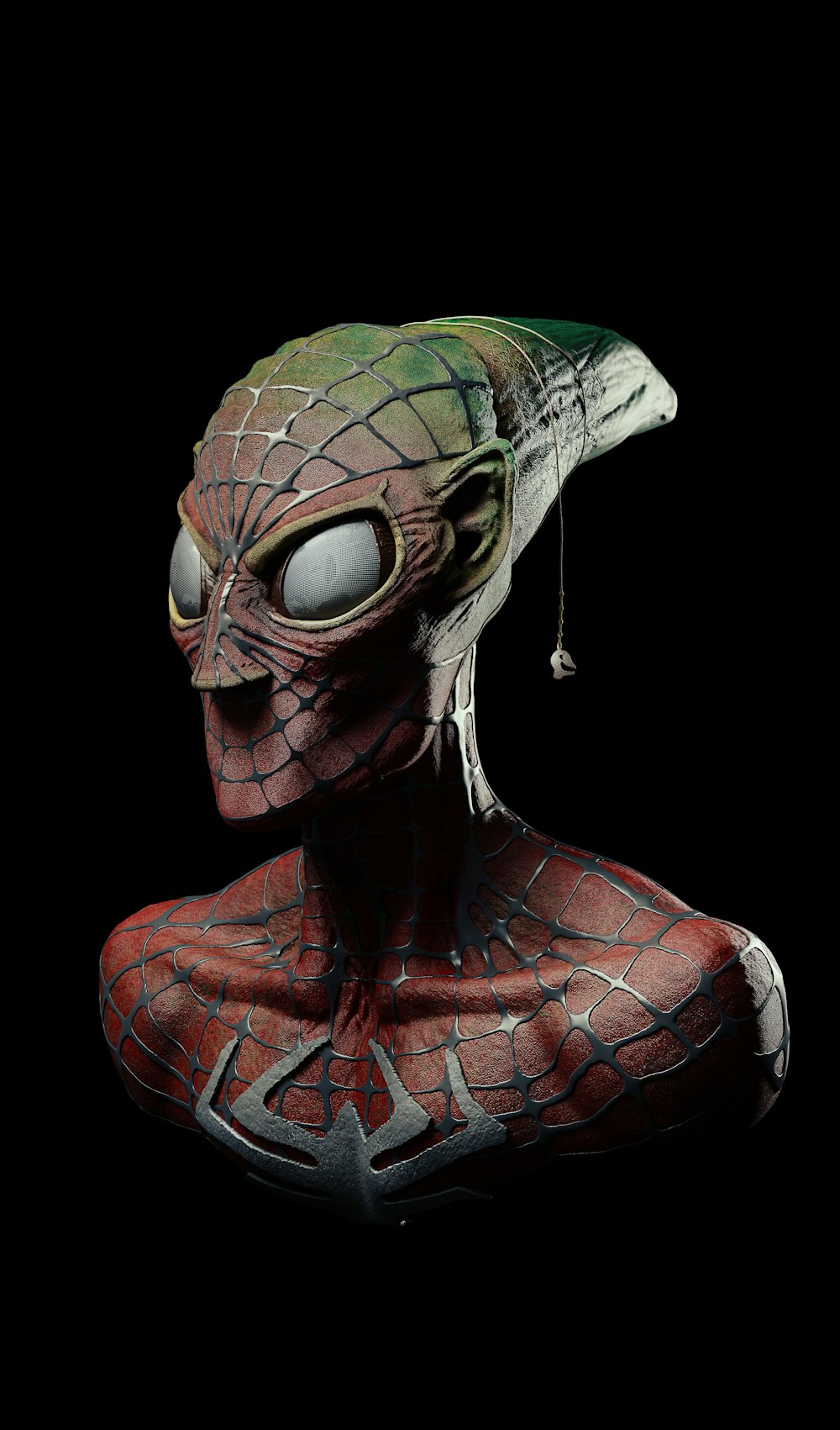a spider man with a green mask and a black background