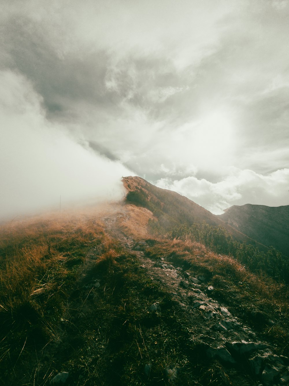 a dirt road going up a hill in the fog