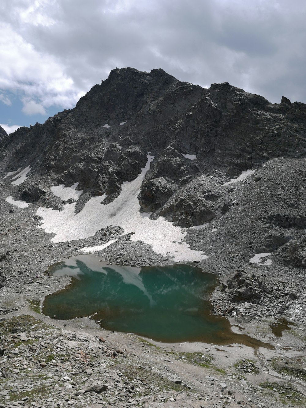 une montagne avec un lac au milieu