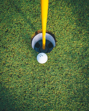 Close-up of a golf ball resting on the edge of a hole.