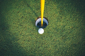 Close-up of a golf ball resting on the green with a red flag in the background.