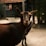 A close-up of a dark brown goat standing on a sandy surface. The goat gazes directly at the camera with a calm demeanor. Another goat is partially visible in the background, standing in front of a rustic wooden building with red and white accents.
