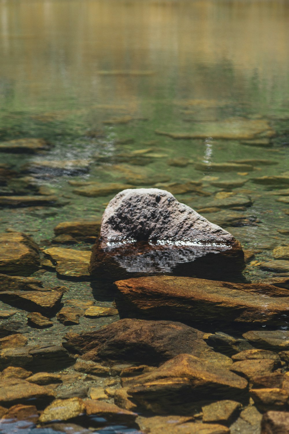 a rock sitting on top of a rock covered in water