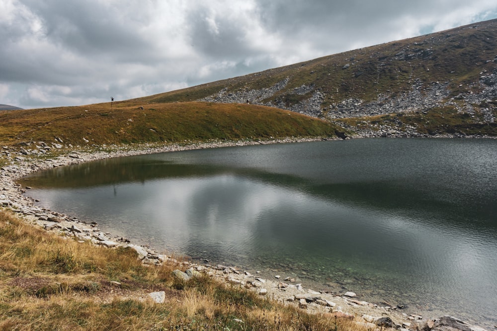 a large body of water surrounded by a lush green hillside