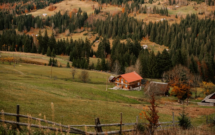 A tranquil countryside scene featuring a rustic wooden house with a red roof, surrounded by lush green fields and dense forests. In the background, rolling hills are covered with a mix of evergreen and deciduous trees. A wooden fence runs along the foreground, enhancing the pastoral ambiance.