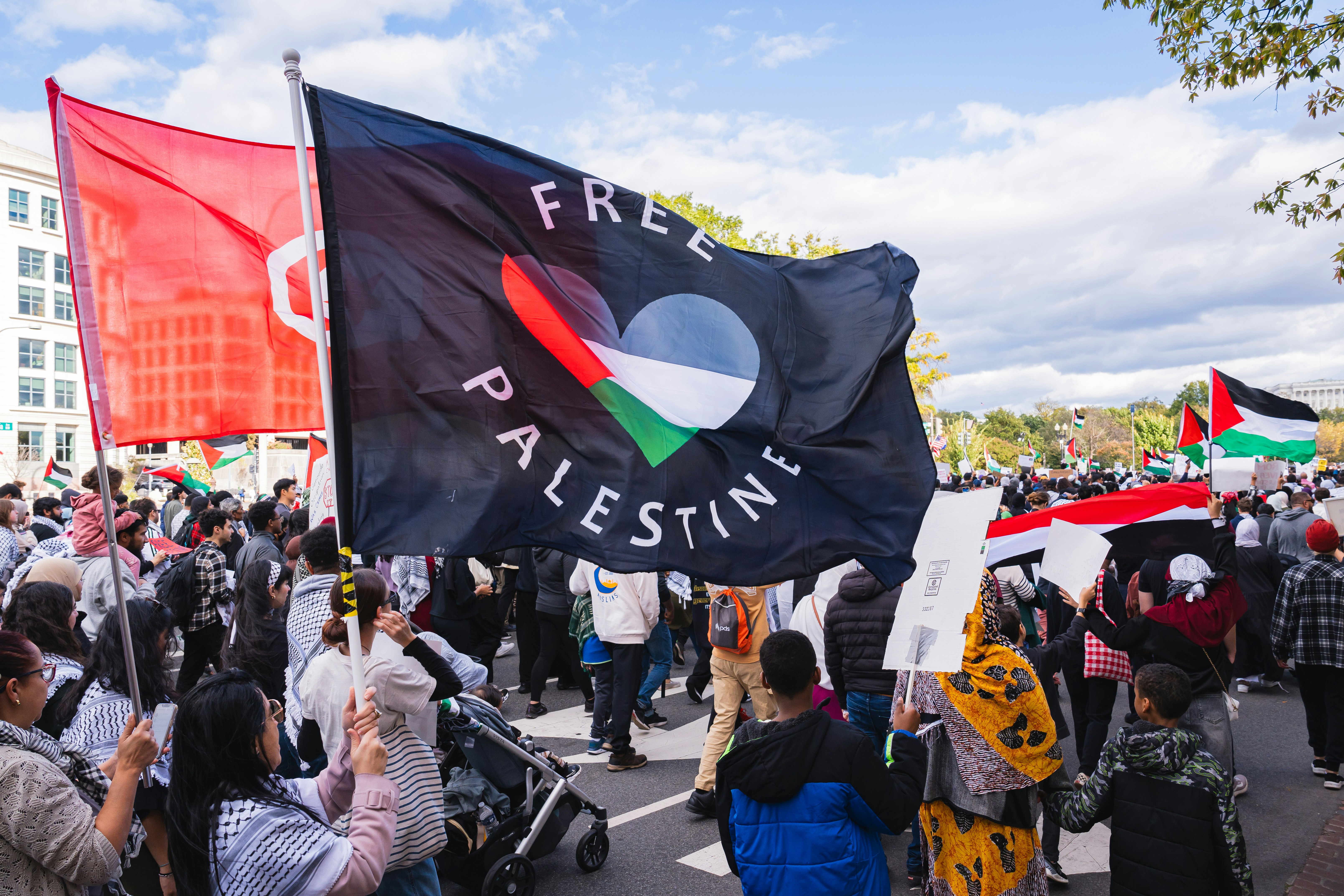 a large group of people holding flags in the street, Free Palestine March