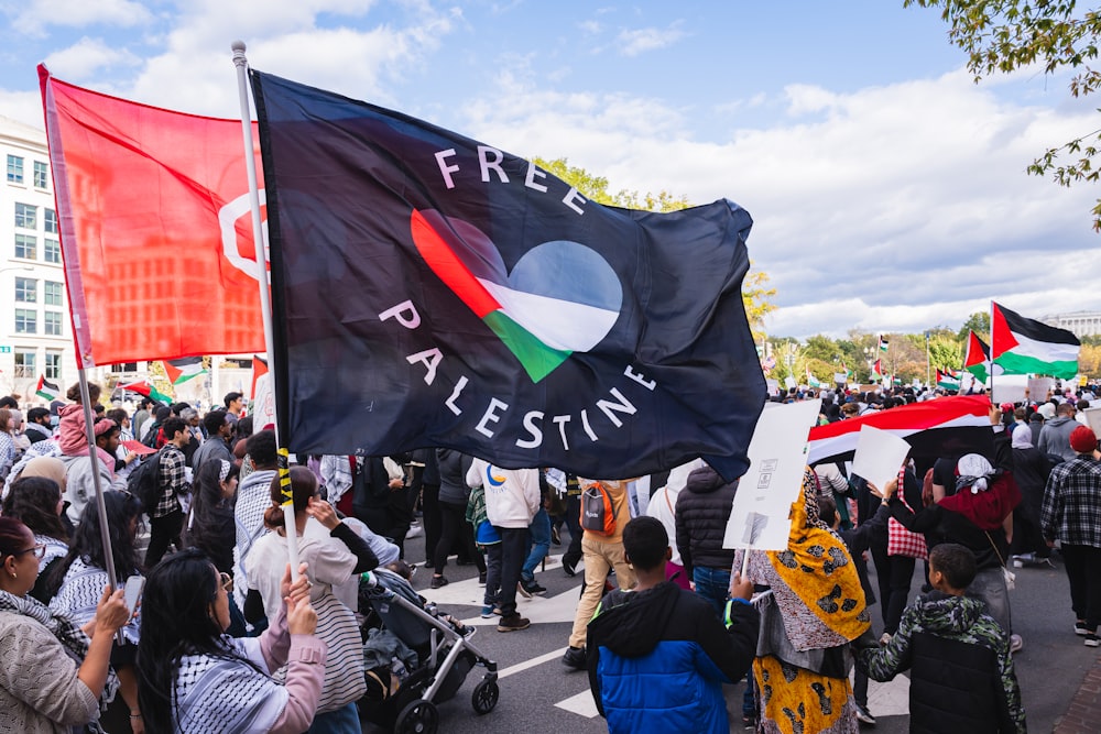 a large group of people holding flags in the street